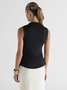 KSTM Sleeveless Stand Collar Ruched Asymmetric Hem Blouse With Twist Front Detail And Elegant Draped Silhouette For Evening And Holiday Occasions - Black - View 5