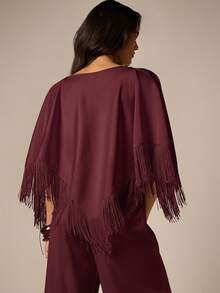 AiiRZ Fringe Trim Cape Top Bateau Neckline Oversized Poncho Style Blouse Elegant Evening Party Holiday Season Statement Piece - Burgundy - View 3