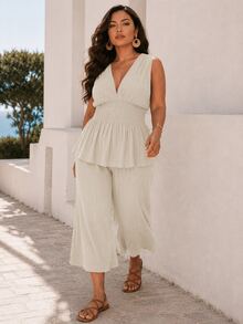 ELLERISSA Plus Size Apricot Shirred Waist V-Neck Top & Wide Leg Trousers Co Ord Set - Apricot - View 3