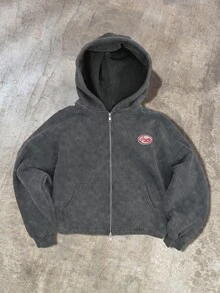 SUMWON Washed Crop Full-Zip Hoodie With Oval Logo Patch Boxy Fit Long Sleeve Hood Winter Casual Streetwear - Dark Grey - View 1