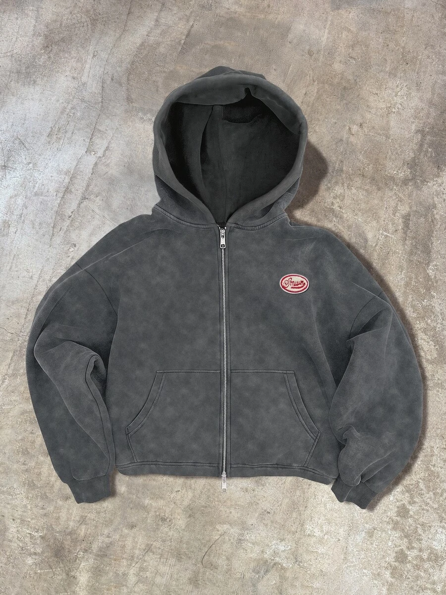 SUMWON Washed Crop Full-Zip Hoodie With Oval Logo Patch Boxy Fit Long Sleeve Hood Winter Casual Streetwear - Dark Grey - View 1