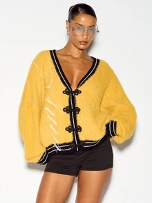 SUMWON WOMEN Oversized Fuzzy Cardigan Jacket With V-Neck Chinese Frog Knot Closure Black Contrast Trim Ribbed Cuffs Cozy Winter Knit - Yellow - View 1