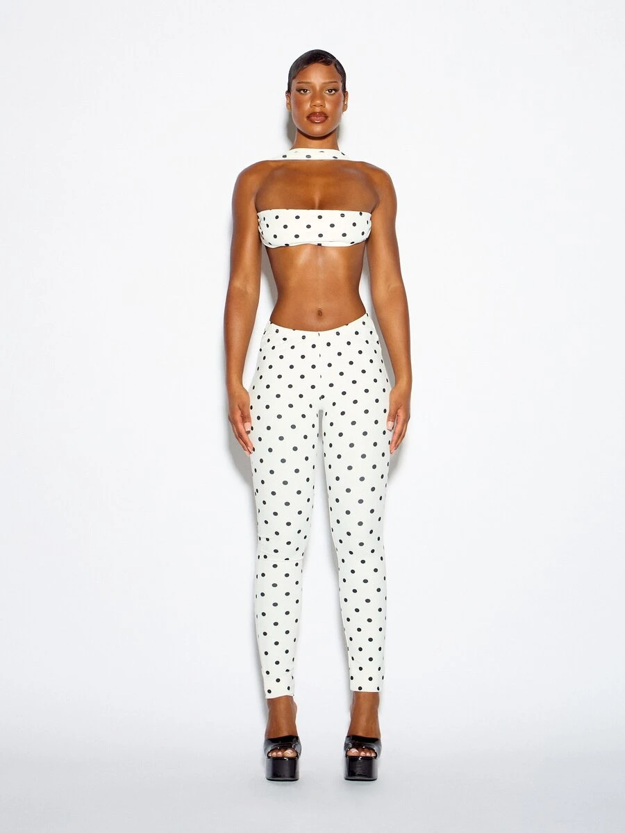 SUMWON WOMEN Polka Dot Halter Neck Bandeau Crop Top And Skinny Full Length Pants Co-Ord Two Piece Set Summer Party Festival - Black and White - View 1