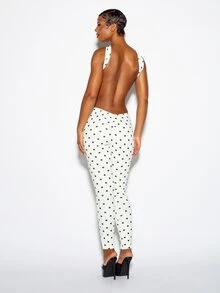 SUMWON WOMEN Polka Dot Halter Neck Bandeau Crop Top And Skinny Full Length Pants Co-Ord Two Piece Set Summer Party Festival - Black and White - View 5