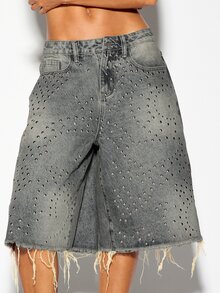 SUMWON WOMEN Studded Denim Jorts Wide Leg Below Knee Length Raw Fringe Hem Metal Eyelet Embellished Washed Grey Bermuda Shorts Summer Concert Grunge - Blue - View 3