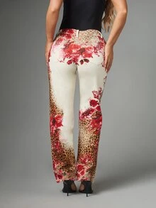 MISSGUIDED Jean droit avec imprimé mixte léopard et rose floral, taille mi-haute, pantalon en denim longueur complète, printemps été festival - Multicolore - Voir 3