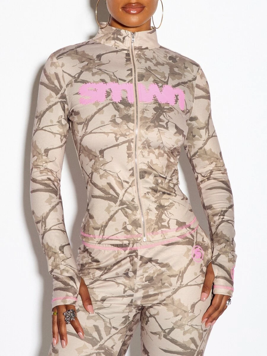 SUMWON WOMEN Camo Print Zip-Up High Neck Long Sleeve Fitted Jacket With Pink Logo Detail And Contrast Trim - Multicolor - View 1
