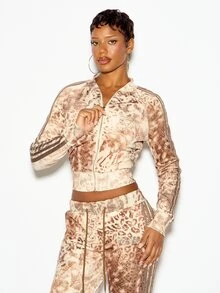 SUMWON WOMEN Velour Crop Track Top With Full Zip Animal Print Mixed Leopard Snake Pattern Contrast Side Stripe Detail Long Sleeve - Khaki - View 2