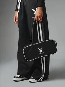 Missguided x Playboy Bunny Logo Baguette Shoulder Bag Black Faux Leather Retro Style Handbag With White Contrast Piping And Double Top Handles - Black - View 2
