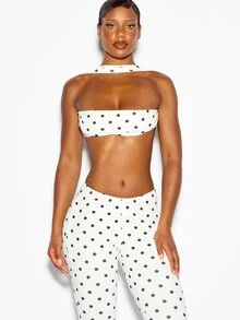 SUMWON WOMEN Polka Dot Halter Neck Bandeau Crop Top And Skinny Full Length Pants Co-Ord Two Piece Set Summer Party Festival - Black and White - View 2