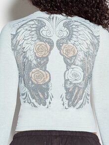 SUMWON Angel Girl Graphic Long Sleeve Crop Top With Wings And Roses Print Crew Neck Fitted Stretch Knit Y2K Top Fall - Grey - View 2