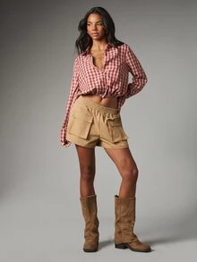 MISSGUIDED 短版格紋鈕扣襯衫，長袖經典領，寬鬆大尺寸版型，夏季休閒格紋上衣 - 彩色 - 查看 3