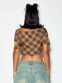 SUMWON Plaid Off-Shoulder Crop Top With Distressed Yellow Graphic Print Short Sleeve Boxy Fit Summer Festival Style - Brown - View 2