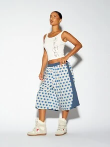 SUMWON WOMEN Oversized Polka Dot Wide Leg Cropped Casual Pants With Elastic Waistband Side Pockets And Color Block Side Panel Summer Festival Trousers - Blue - View 4