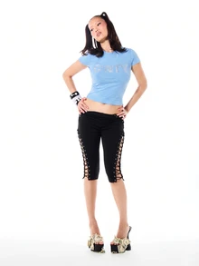 SUMWON WOMEN Rhinestone Graphic Crew Neck Crop T-Shirt With Short Sleeves And Embellished Letter Print Detail For Summer Festival Season - Navy Blue - View 5
