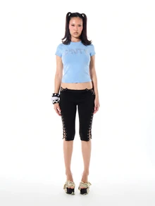 SUMWON WOMEN Rhinestone Graphic Crew Neck Crop T-Shirt With Short Sleeves And Embellished Letter Print Detail For Summer Festival Season - Navy Blue - View 3