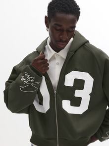 SUMWON Oversized Zip-Up Hoodie With Bold Number 03 Chest Print And Signature Script Sleeve Detail Ribbed Hem - Army Green - View 5