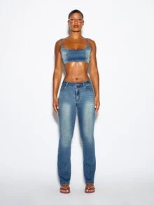 SUMWON WOMEN Denim Co-Ord Set Scoop Neck Sleeveless Crop Bralette Top And Low Rise Bootcut Full Length Jeans Two Piece Summer Festival Outfit - Blue - View 2