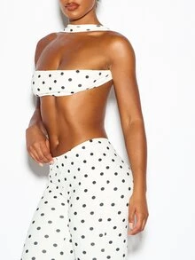 SUMWON WOMEN Polka Dot Halter Neck Bandeau Crop Top And Skinny Full Length Pants Co-Ord Two Piece Set Summer Party Festival - Black and White - View 4