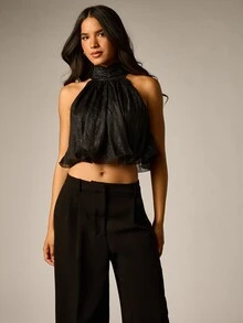 AiiRZ Blusa corta de gasa con brillo, cuello halter, bajo con volantes y detalle de lazo en la espalda para fiesta y noche - Negro - Ver 4