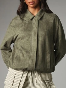 MISSGUIDED 大廓型麂皮飛行員夾克，翻領領口、貼袋口袋與彈性袖口，適合秋冬層次穿搭 - 綠色 - 查看 4