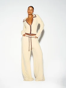 SUMWON WOMEN Fuzzy Wide Leg Casual Pants With Contrast Trim Drawstring Waist Cozy Full Length Lounge Bottoms Fall Winter - White - View 2