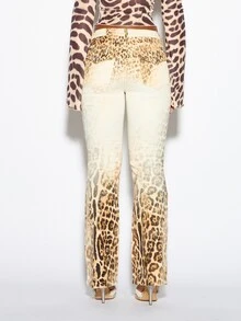 SUMWON WOMEN Leopard Print Flared Jeans Low Rise Ombre Denim Pants Full Length Bootcut Leg Style Patch Pockets Spring Summer Festival - Brown - View 2