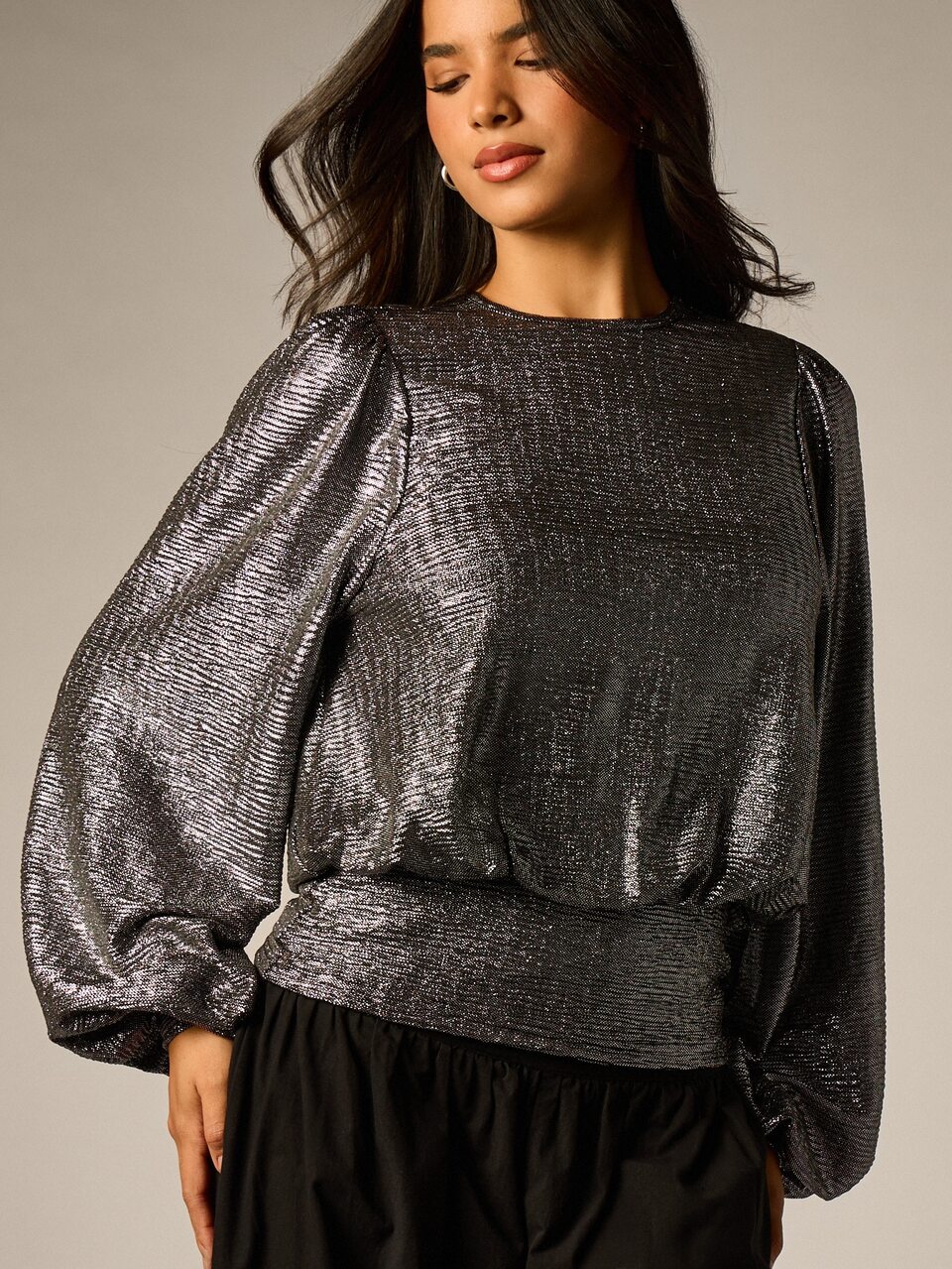 AiiRZ Metallic Shimmer Blouse With Puff Sleeves