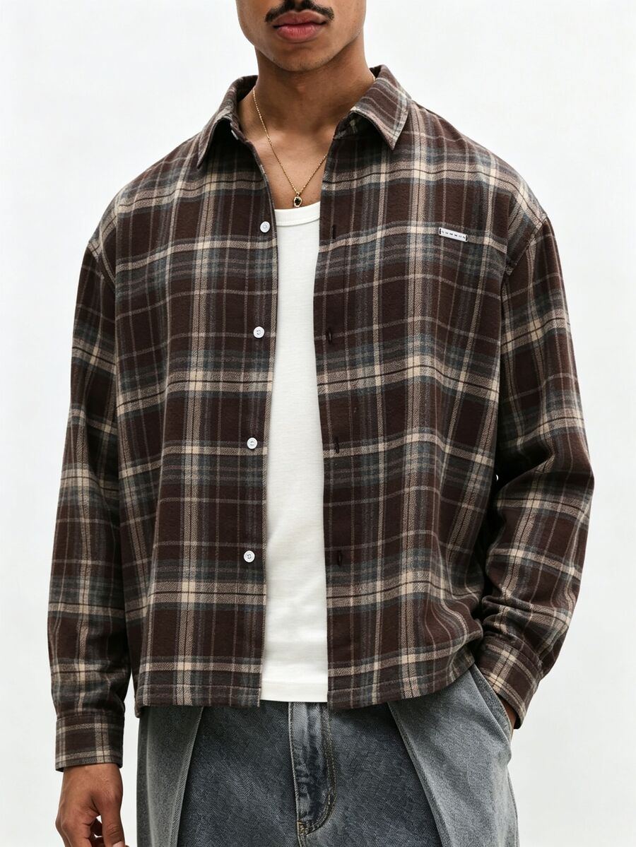 SUMWON Oversized Plaid Flannel Shirt With Long Sleeves Point Collar And Button Front In Classic Dark Brown Tartan - Brown - View 1