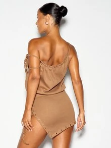 SUMWON WOMEN Cold Shoulder Ruffle Bodice Bodycon Mini Dress With Lace-Up Corset Skirt Metal Eyelets Side Slit Party Summer - Brown - View 5
