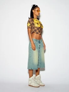 SUMWON Plaid Off-Shoulder Crop Top With Distressed Yellow Graphic Print Short Sleeve Boxy Fit Summer Festival Style - Brown - View 5