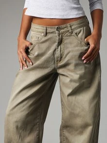 MISSGUIDED Vintage Wash Olive Wide Leg Low Rise Denim Jeans With Classic Five Pocket Design Full Length Relaxed Fit Fall Winter Style - Khaki - View 4