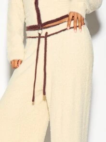 SUMWON WOMEN Fuzzy Wide Leg Casual Pants With Contrast Trim Drawstring Waist Cozy Full Length Lounge Bottoms Fall Winter - White - View 3
