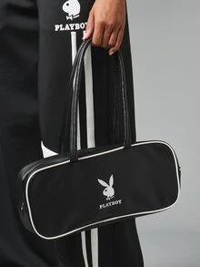 Missguided x Playboy Bunny Logo Baguette Shoulder Bag Black Faux Leather Retro Style Handbag With White Contrast Piping And Double Top Handles - Black - View 4