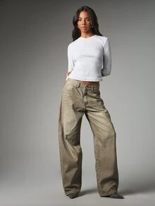MISSGUIDED Vintage Wash Olive Wide Leg Low Rise Denim Jeans With Classic Five Pocket Design Full Length Relaxed Fit Fall Winter Style - Khaki - View 5