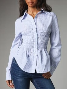 MISSGUIDED Striped Smocked Waist Button-Front Collared Shirt With Long Sleeves And Peplum Silhouette Spring Summer Essential - Blue and White - View 4