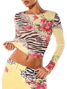 SUMWON Crop top lengan panjang berkerah perahu dengan motif bunga dan hewan campuran, motif zebra dan kembang sepatu tropis, gaya festival musim semi dan musim panas. - MultiWarna - View 4