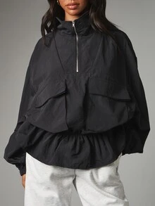 MISSGUIDED Chaqueta tipo pulóver de nylon extragrande con media cremallera, cuello alto, bolsillos cargo, mangas abullonadas y detalle de volantes en el bajo - Negro - Ver 4
