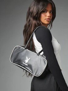 Missguided x Playboy Bunny Logo Baguette Shoulder Bag Black Faux Leather Retro Style Handbag With White Contrast Piping And Double Top Handles - Black - View 3