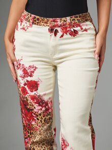 MISSGUIDED Jean droit avec imprimé mixte léopard et rose floral, taille mi-haute, pantalon en denim longueur complète, printemps été festival - Multicolore - Voir 4