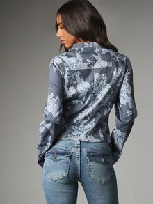 MISSGUIDED Cropped Military Denim Jacket With AOP Floral Lace Print Stand Collar Double-Breasted Silver Snap Buttons And Center Zip Closure - Blue - View 2