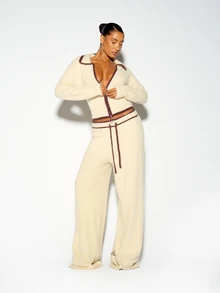 SUMWON WOMEN Fuzzy Wide Leg Casual Pants With Contrast Trim Drawstring Waist Cozy Full Length Lounge Bottoms Fall Winter - White - View 4