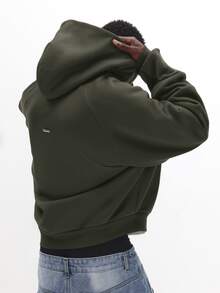 SUMWON Oversized Zip-Up Hoodie With Bold Number 03 Chest Print And Signature Script Sleeve Detail Ribbed Hem - Army Green - View 2