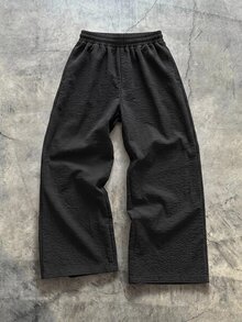 SUMWON Waffle Knit Wide Leg Sweatpants With Drawstring Waist Elastic Waistband Side Pockets Checked Texture Casual Lounge Pants - Black - View 2