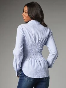 MISSGUIDED Striped Smocked Waist Button-Front Collared Shirt With Long Sleeves And Peplum Silhouette Spring Summer Essential - Blue and White - View 2