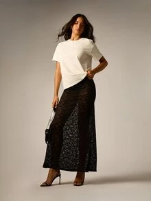 AiiRZ Black Semi-Sheer Lace Maxi Skirt With Floral Pattern A-Line Silhouette Elegant Evening Party Spring Summer Festival Style - Black - View 2