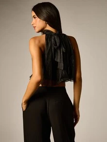 AiiRZ Blusa corta de gasa con brillo, cuello halter, bajo con volantes y detalle de lazo en la espalda para fiesta y noche - Negro - Ver 3