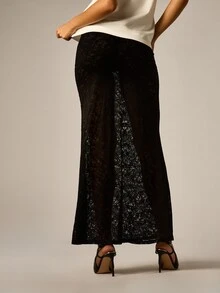 AiiRZ Black Semi-Sheer Lace Maxi Skirt With Floral Pattern A-Line Silhouette Elegant Evening Party Spring Summer Festival Style - Black - View 3