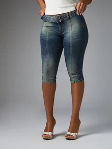 BABYPHAT Vintage Wash Low Rise Skinny Denim Capri Jeans With Embroidered Logo Detail And Denim Belt Summer Y2K Style - Blue - View 5