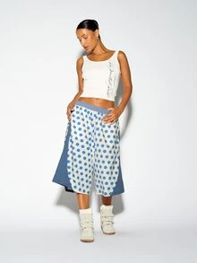 SUMWON WOMEN Oversized Polka Dot Wide Leg Cropped Casual Pants With Elastic Waistband Side Pockets And Color Block Side Panel Summer Festival Trousers - Blue - View 3